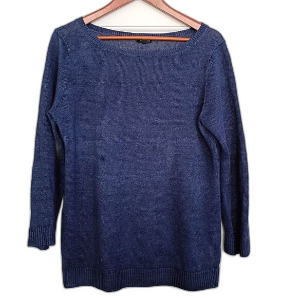 Talbots Fine Open Knit Linen Sweater Dark Blue Boat Neck Womens L Coastal Preppy - Picture 1 of 7
